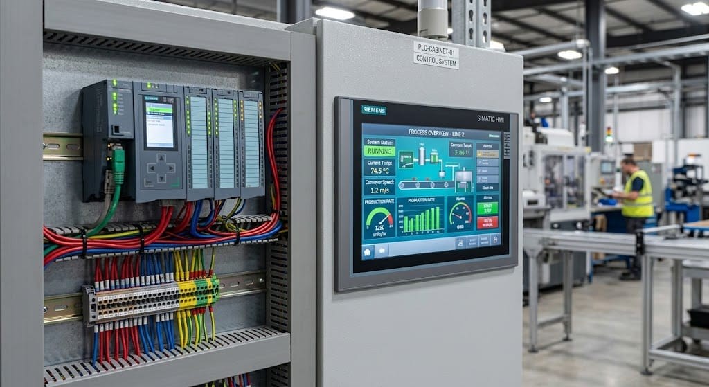 Gabinete de control con PLC y pantalla HMI mostrando el estado de una línea de producción
